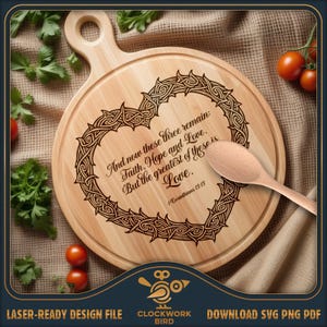 Faith Hope Love Bible Verse, round cutting board SVG / Vintage charcuterie board laser file - Lazy Susan Design for laser engraving