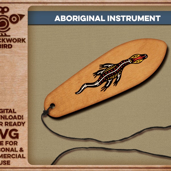 Bullroarer - aboriginal / native Australian instrument with lizard illustration - unique SVG file for laser cutting and engraving