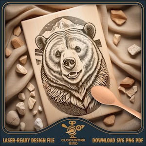 Grizzly Bear Cutting Board SVG: Vintage Laser Engraving File