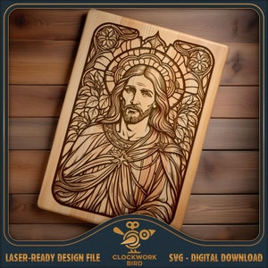 Jezus Christus gebrandschilderd glas - rechthoekige snijplank SVG / charcuteriebord laserbestand - vintage stijl ontwerp voor lasergravure