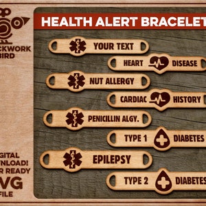 Medical / Health alert bracelet charms - Unique laser cut jewelry file