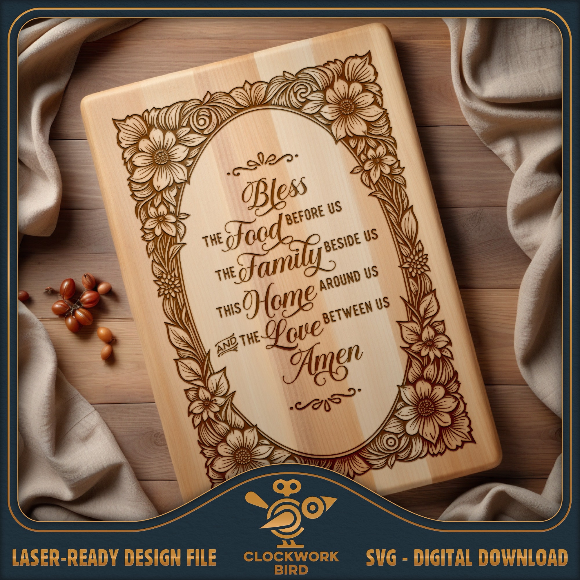 Kitchen Blessing / Prayer - Rectangular Cutting Board SVG / charcuterie board laser file - Vintage style design for laser engraving