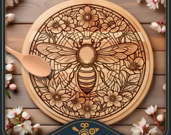 Honey Bee Stained Glass - Round Cutting board SVG / charcuterie board laser file - Lazy Susan Design for laser engraving