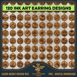 Lot de boucles d'oreilles Art Ink Art : 120 fichiers laser SVG de boucles d'oreilles illustrés prêts pour la découpe et la gravure, lot de fichiers laser