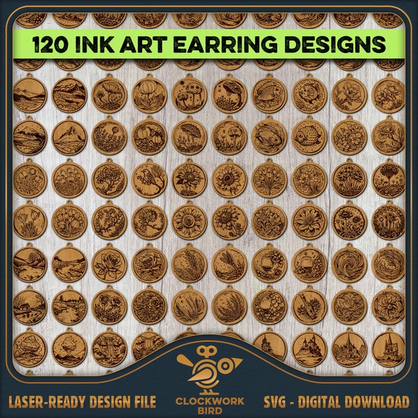 Ink Art Earring SVG bundle: 120 laser-ready illustrated earring SVG laser files for cutting and engraving, laser file bundle