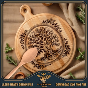 Schneidebrett Design: Uralter Baum - Baum des Lebens, rundes Charcuterie-Brett zum Laserschneiden und Gravieren / SVG