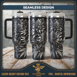 May include: A black and silver stainless steel travel mug with a white and grey floral design. The mug has a handle and a lid. The design is seamless and wraps around the entire mug.