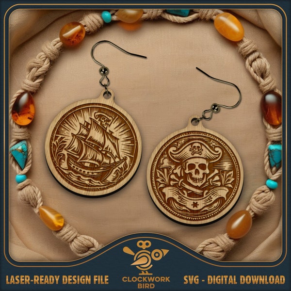 Pirate Coin Earring Pair SVG - Circle / Round earrings design - Unique laser file for cutting and engraving