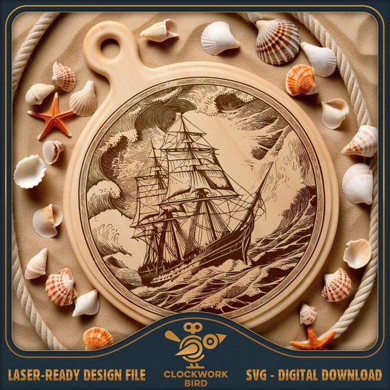 Cutting Board SVG: Pirate Sailing Ship Design - Laser Ready File