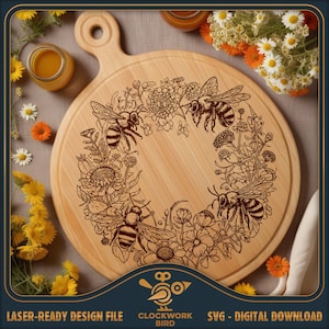 Charcuteriebord SVG: honingbijen - Lazy Susan / Circle / ronde snijplank ontwerp laserbestand voor snijden en graveren