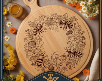 Charcuterie board SVG: Honey bees - Lazy Susan / Circle / round cutting board design laser file for cutting and engraving