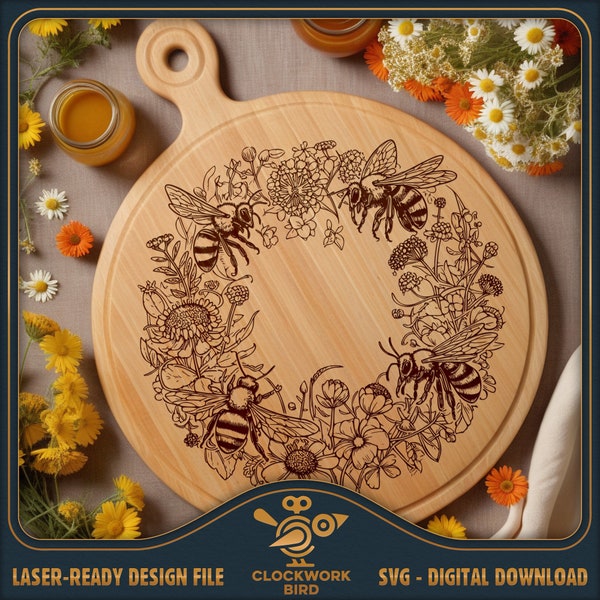 Charcuterie board SVG: Honey bees - Lazy Susan / Circle / round cutting board design laser file for cutting and engraving