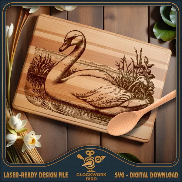 Tabla de corte rectangular Swan SVG / archivo láser de tablero de charcutería - Diseño de estilo vintage para grabado láser