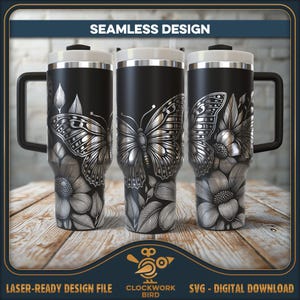 Butterfly Seamless Tumbler Wrap SVG laser file - Vintage style pattern design for 40oz tumbler laser engraving