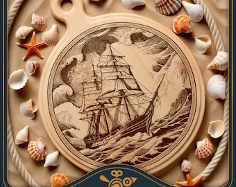 Cutting board SVG / round charcuterie board laser file: Frigate, Sailing ship - Chopping Board / Lazy Susan Design / laser engraving file