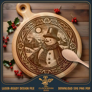 Fichier de gravure laser : Bonhomme de neige, Noël Lazy Susan / Planche à découper de charcuterie circulaire Fichier laser SVG pour la gravure