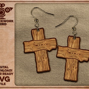 Boucle d&#39;oreille croix / crucifix en bois rustique - Fichier unique découpé au laser