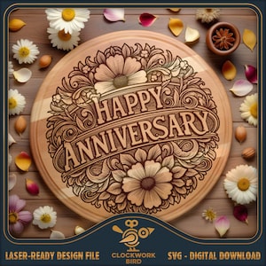 Feliz aniversario, tabla de cortar redonda estilo victoriano SVG / Tabla de charcutería vintage, archivo láser - Diseño Lazy Susan para grabado láser