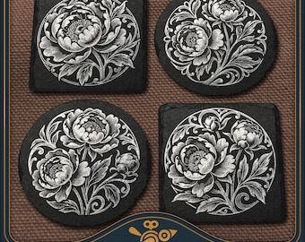 Peony Coaster Set Laser Files: Vintage Slate Engraving Design (SVG, PDF, PNG)