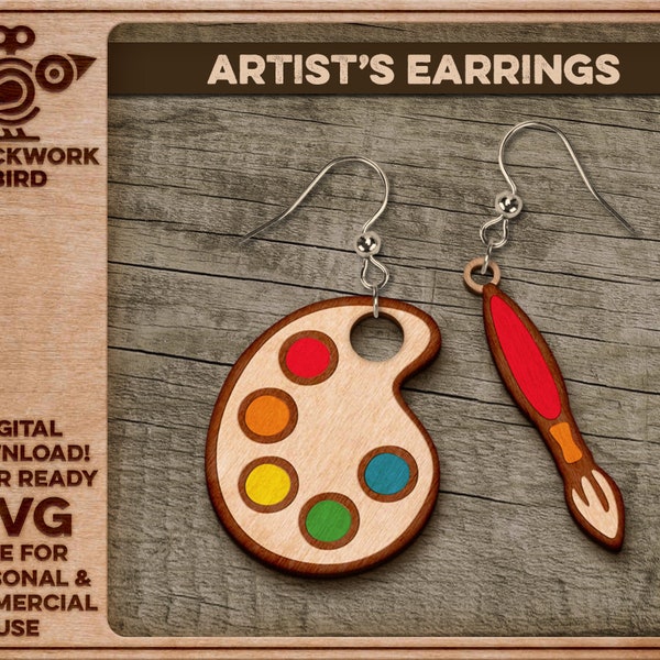 Artist's Earrings (palette and paintbrush) - Unique laser cut file