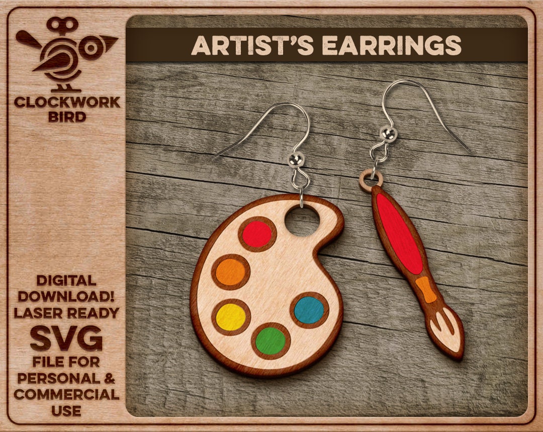 Artist's Earrings (palette and paintbrush) - Unique laser cut file