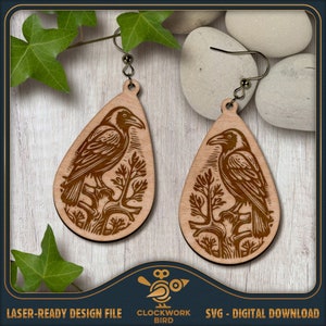 Brincos Raven ou Crow SVG - Brincos pendentes, design de brinco pendurado - Arquivo a laser exclusivo para corte e gravação