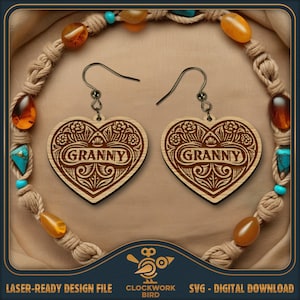 Love Grandma Heart Boucles d'oreilles SVG - Boucles d'oreilles de famille, conception de boucle d'oreille vintage - Fichier laser unique pour la découpe et la gravure