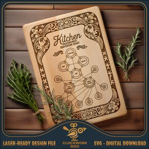 May include: A rectangular wooden cutting board featuring a laser-engraved kitchen measurement conversion chart. The design includes ornate floral corner borders and a central diagram connecting units like gallon, quart, pint, cup, and teaspoon.