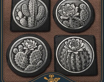 Cactus Coaster Set Laser Files: Vintage Slate Engraving Design (SVG, PDF, PNG)