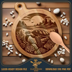 Turtle Coast Tagliere rotondo decorativo SVG / Tagliere per salumi vintage file laser - Lazy Susan Design per incisione laser