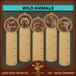 Ensemble de marque-pages animaux mignons : Animaux sauvages / Animaux de la forêt - Ensemble de marque-pages SVG pour enfants avec règle de cm et de pouce. Fichier laser illusion 3D