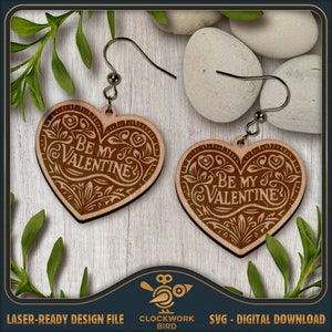 Boucles d'oreilles texte Be My Valentine SVG - boucles d'oreilles coeur, conception de boucle d'oreille personnalisée - fichier laser unique pour la découpe et la gravure