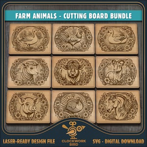 Farm Animals Cutting board bundle - SVG laser files, Vintage style designs for laser engraving