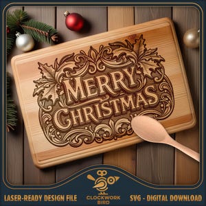 Vrolijk kerstfeest - SVG-snijplank / charcuteriebordlaserbestand - vintage-stijl ontwerp voor lasergravure