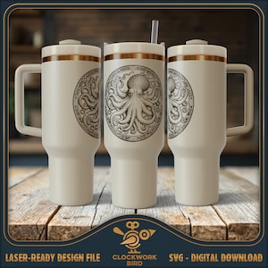 File laser SVG Octopus Tumbler Wrap - Design in stile vintage per incisione di tumbler da 40 once