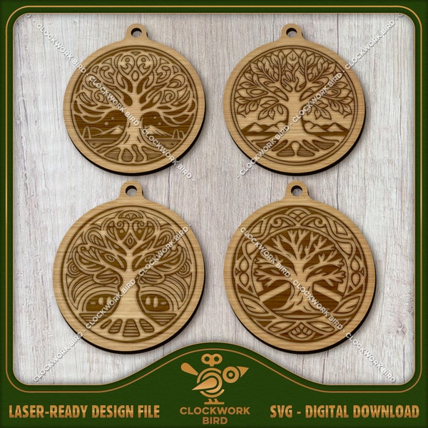 Tree of Life Earrings - Unique ink art earring set (4 pieces) earring SVG laser files for cutting and engraving