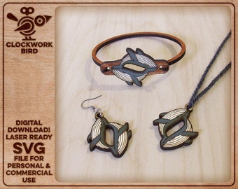 Playing whales wooden jewelry set (bracelet, earring, pendant) - Unique laser cut file