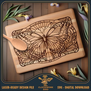 Gebrandschilderd glas vlinder - rechthoekige snijplank SVG / charcuteriebord laserbestand - vintage stijl ontwerp voor lasergravure