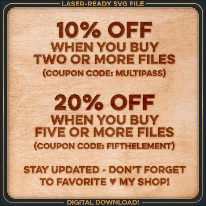 text that provides information about a discount or sale, specifically for purchasing multiple files. It includes a 10% discount when buying two or more files, a 20% discount when buying five or more files, and a 20% discount when buying five or more files. The text also mentions that the discount applies to the purchase of files, not individual files. Additionally, it encourages the viewer to stay updated and not forget to visit the shop.