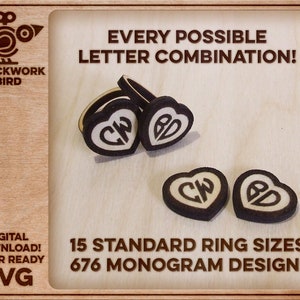 Bague love ou clou d'oreille en forme de coeur - 15 tailles de bague standard, 676 monogrammes prédéfinis (alphabet complet A-Z) - Fichier unique découpé au laser