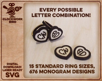 Love ring or heart shaped stud earring - 15 standard ring sizes, 676 pre-designed monograms (full alphabet A-Z) - Unique laser cut file