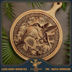 Schneidebrett SVG / Charcuterie Brett Laser-Datei: Kolibri mit Blumen, Chopping Board Design-Datei für die Lasergravur
