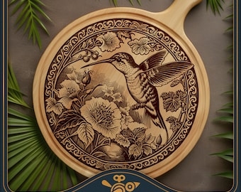 Schneidebrett SVG / Charcuterie Brett Laser-Datei: Kolibri mit Blumen, Chopping Board Design-Datei für die Lasergravur
