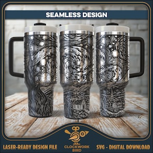 Archivo SVG para grabado láser de vaso sin costuras con diseño de estilo Van Gogh de noche estrellada: diseño de estilo vintage para grabado láser de vaso de 40 oz