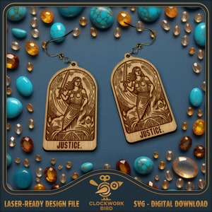 Pendientes de cartas del Tarot de la Justicia SVG - Archivos láser únicos de pendientes de Arcanos Mayores para cortar y grabar
