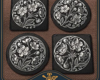 Cherry Blossom Coaster Set Laser Files: Vintage Slate Engraving Design (SVG, PDF, PNG)