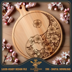 Yin en yang kersenbloesem charcuterie bord SVG, Japanse stijl rond sushibord laserbestand - Lazy Susan Design voor lasergravure