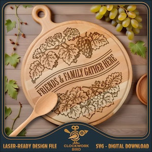 Freunde und Familie Gather Here - SVG, runde Charcuterie Brett-Laserdatei - Lazy Susan Design für die Lasergravur