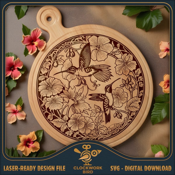 Cutting board SVG / charcuterie board laser file: Hummingbirds with hibiscus, Chopping Board Design file for laser engraving