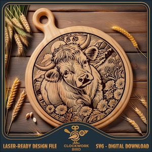 Ronde snijplank SVG / charcuteriebord laserbestand: Highland Cow - Chopping Board Ontwerpbestand voor lasergravure